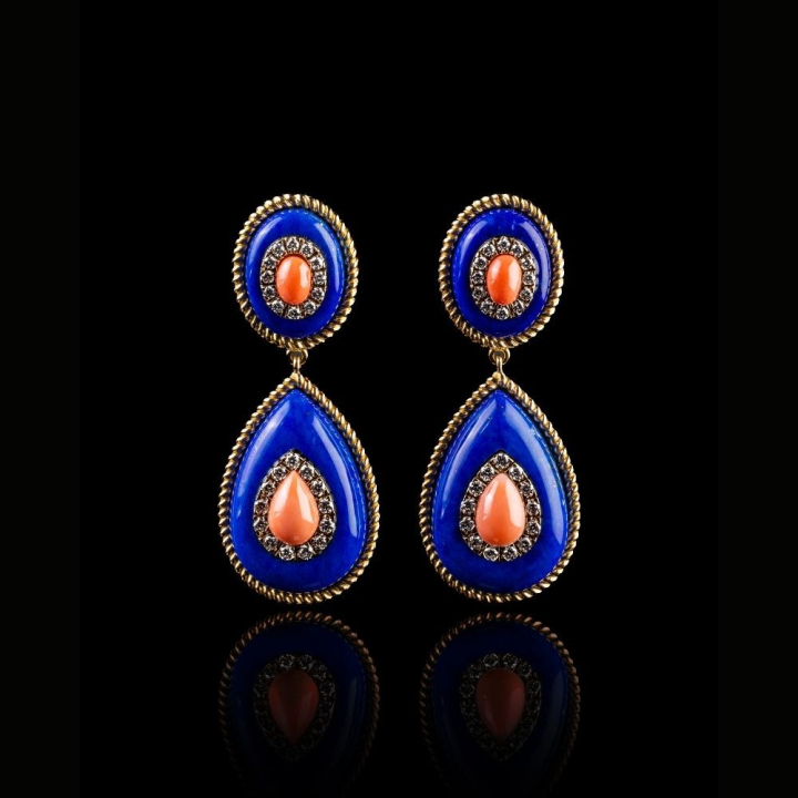 Gold earrings with corals, lapis lazuli, diamonds